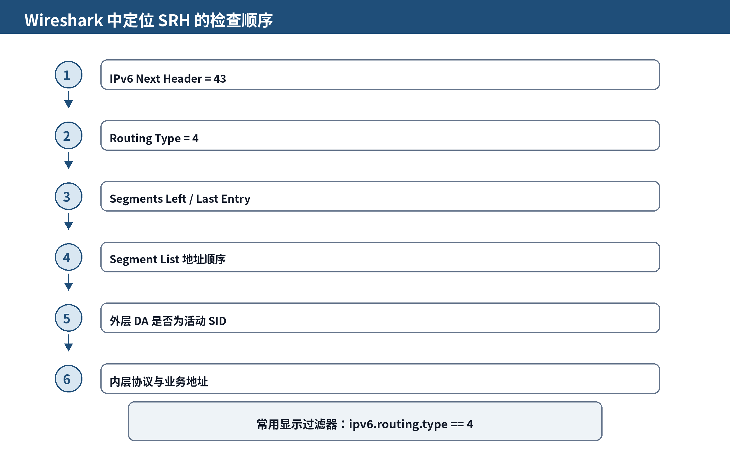 图 14-1 Wireshark 中定位 SRH 的检查顺序