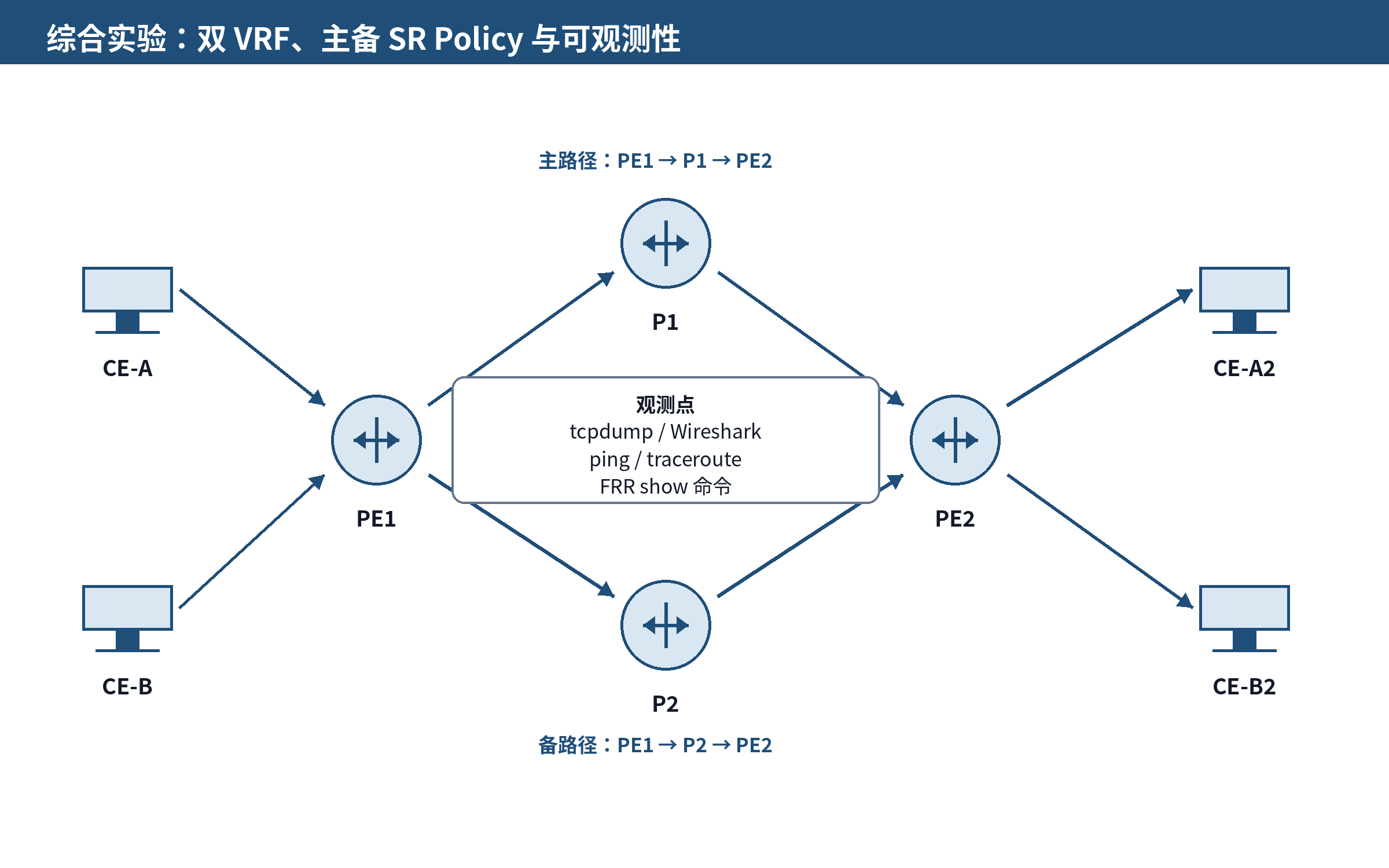 图 20-1 双 VRF、主备 SR Policy 与可观测性综合实验